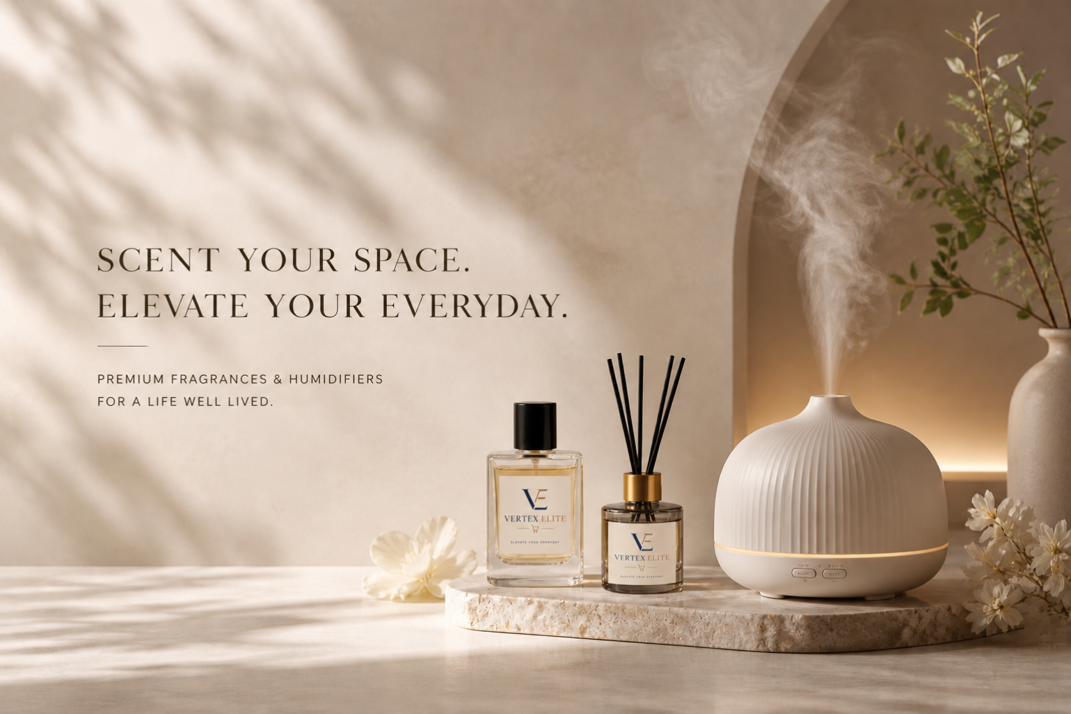 Aromatherapy diffuser, candles, and a bottle on a marble surface with a soft light and plant in the background.